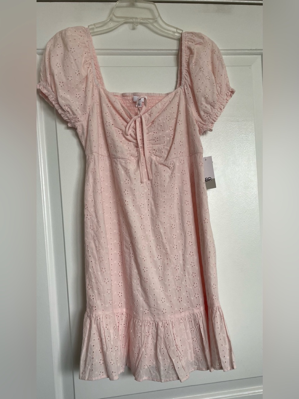 bp Light Pink Eyelet Puff-Sleeve Casual Dress